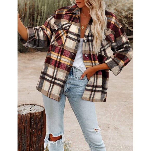 Women Wine Red Collared V Neck Button Down Oversized Long Sleeve Shirt Top - Picture 3 of 5